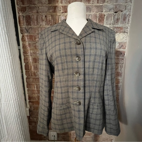 Vintage Plaid Blue & Brown Button Down Blazer -Size 12 -BC01 - Picture 3 of 9